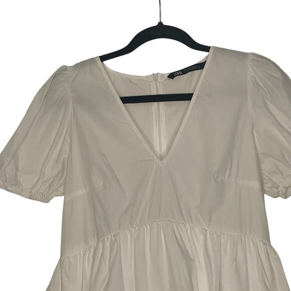 Zara  White Tiered Babydoll Mini Dress Puff Sleeves Ruff Hem Poplin Size M - Picture 3 of 6